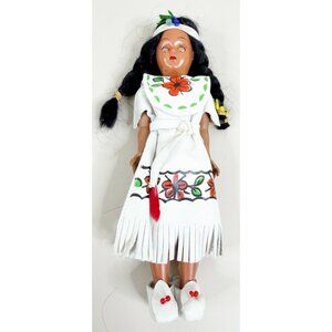 Vintage 8" Sleepy Eyes Native American Indian Doll White Leather Beading EUC